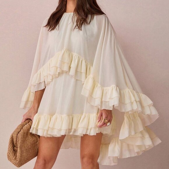 Apricot Boho Womens Romantic Cape Ruffle Hem Mini Dress - Picture 5 of 7